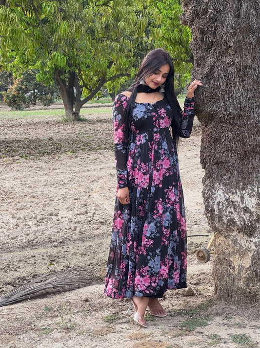 Floral Fox Georgette Anarkali Set with Dupatta – Black