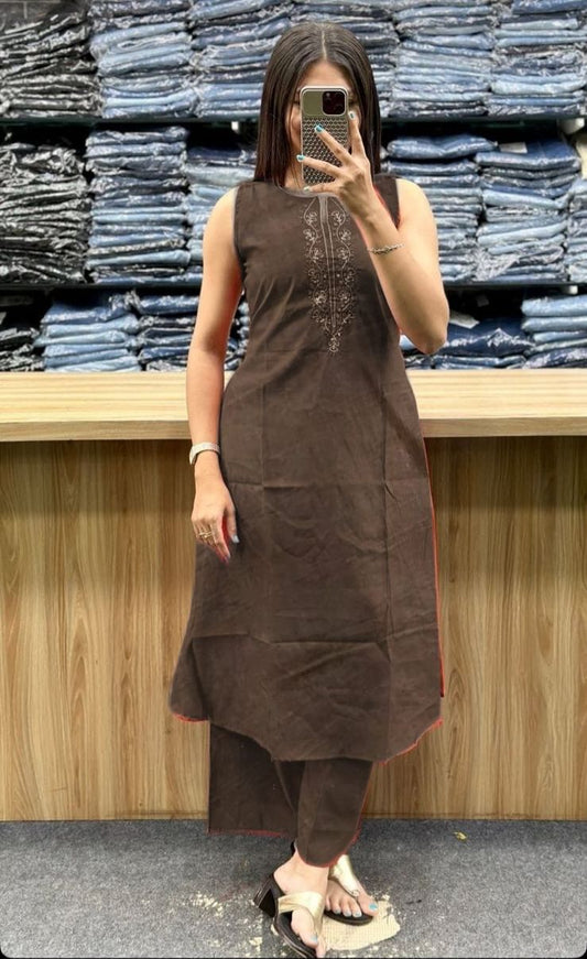 Women’s Cotton Slub Handwork Co-ord Set – Kurti & Pant