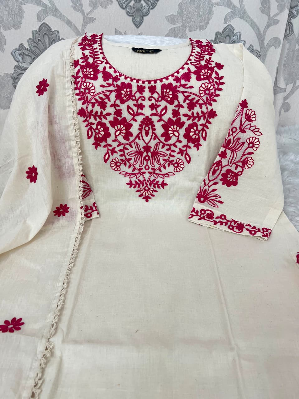 Pure Khadi Cotton Embroidered Kurta Pant Set with Full Dupatta for Women | Off White & Rust | Premium Ethnic Wear