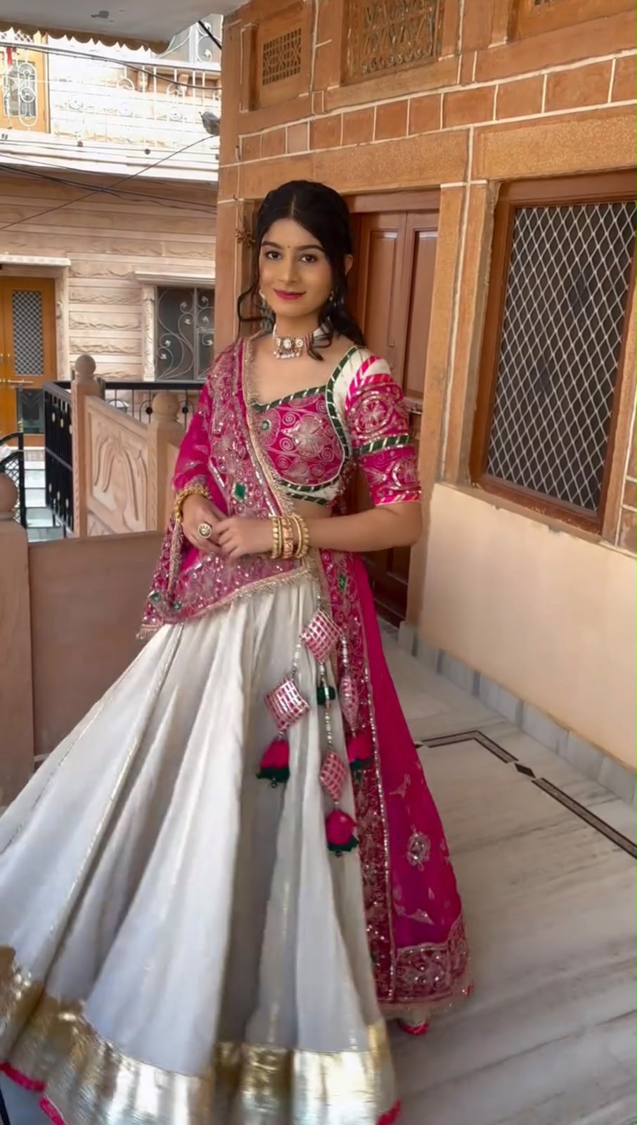 Navratri Special Pink & Ivory Embroidered Lehenga Choli Set with Dupatta