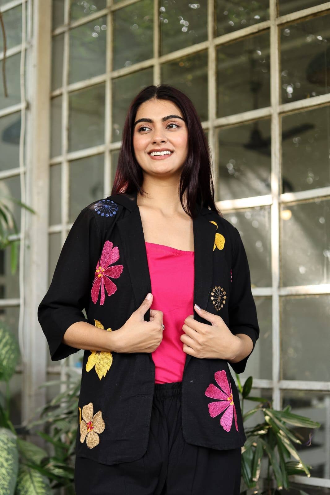Premium Cotton Flax Embroidered 3-Piece Co-Ord Set for Women | Blazer, Inner & Pants