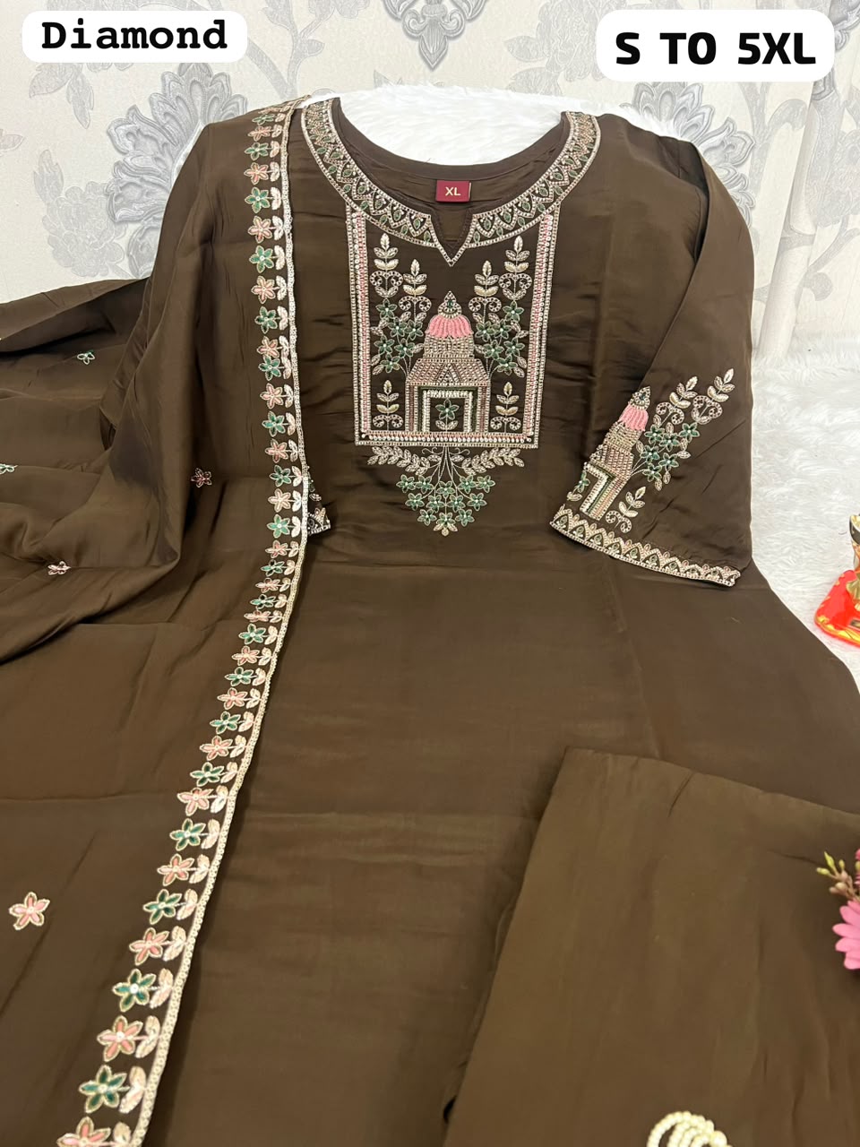 Diamond Embroidered 3-Piece Salwar Suit Set with Dupatta & Pants | Premium Festive Wear (S–5XL)