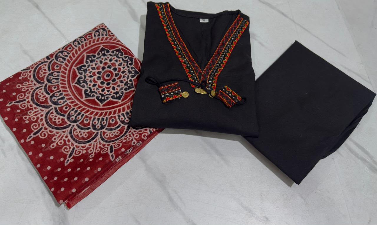 Premium Dhabu Cotton A-Line Kurta Set with Ajrakh Dupatta & Embroidery | Women's Ethnic Wear