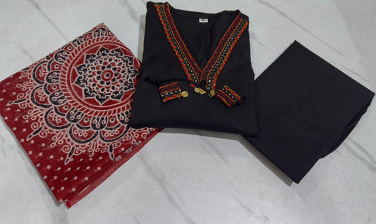 Premium Dhabu Cotton A-Line Kurta Set – Ajrakh Embroidered