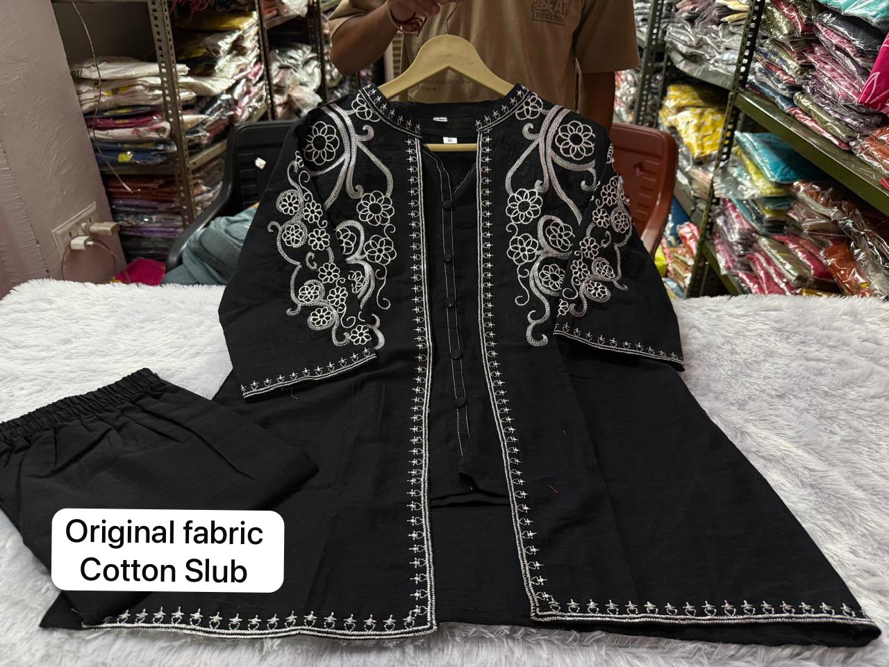 Premium Cotton Slub Embroidered 3-Piece Set for Women | Jacket, Inner & Trousers
