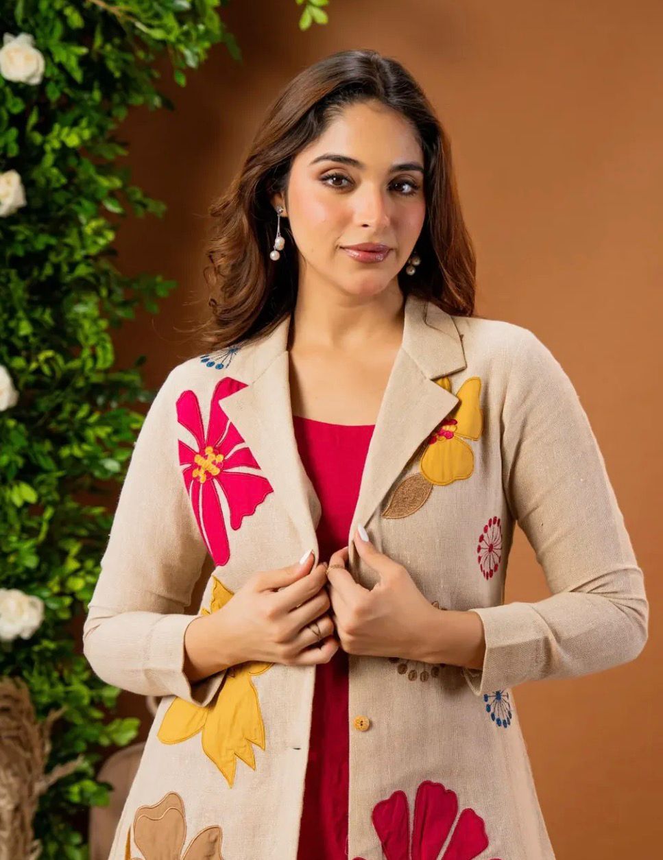 Premium Cotton Flax Embroidered 3-Piece Co-Ord Set for Women | Blazer, Inner & Pants