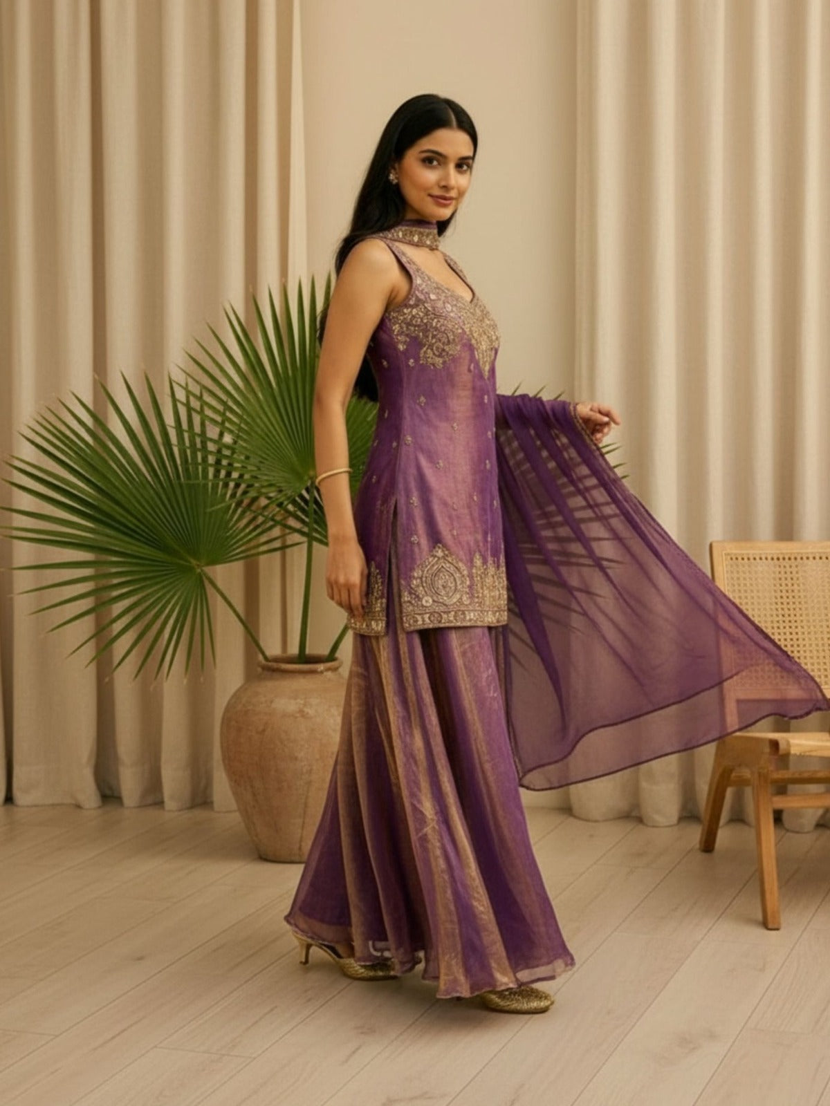 Purple Fendy Satin Embroidered Kurta Palazzo Set with Dupatta