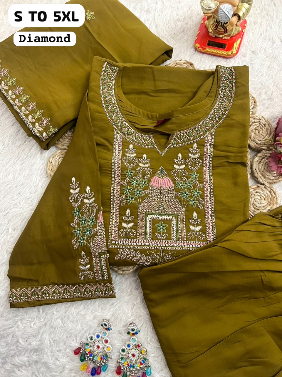 Diamond Embroidered 3-Piece Salwar Suit Set with Dupatta & Pants | Premium Festive Wear (S–5XL)