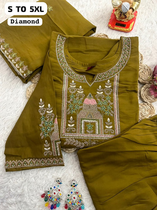 Diamond Embroidered 3-Piece Salwar Suit Set with Dupatta & Pants | Premium Festive Wear (S–5XL)