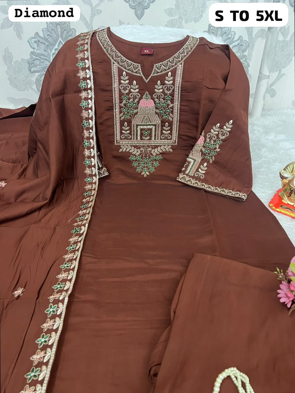 Diamond Embroidered 3-Piece Salwar Suit Set with Dupatta & Pants | Premium Festive Wear (S–5XL)