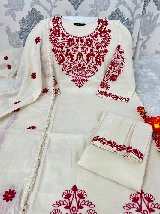 Pure Khadi Cotton Embroidered Kurta Pant Set with Full Dupatta for Women | Off White & Rust | Premium Ethnic Wear